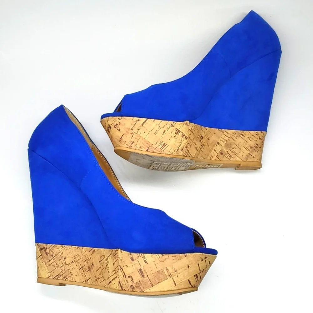 Forever 21 Blue Faux Suede Cork Like Wedge Peep Toe Platform Shoes 8